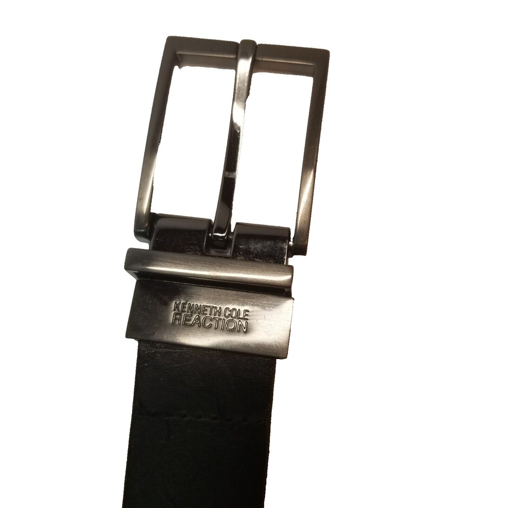 Kenneth Cole Reaction Mens Black Italian Leather Belt Brushed Silver Buckle 38"